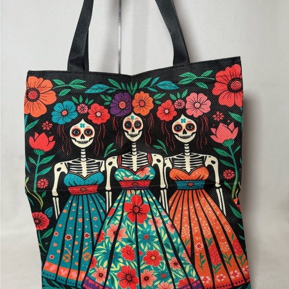 New Light Weight Colorful Floral Skeleton - Dios de Los Muertos Tote Bag - Picture 1 of 7
